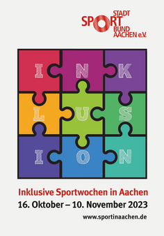 Titelblatt Broschüre mit Aufschrift: Inklusive Sportwochen in Aachen, 16. Oktober - 10. November 2023