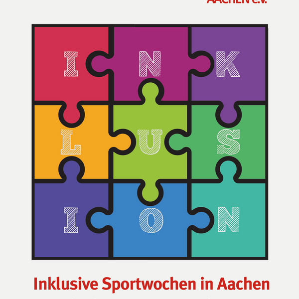 Titelblatt Broschüre mit Aufschrift: Inklusive Sportwochen in Aachen, 16. Oktober - 10. November 2023