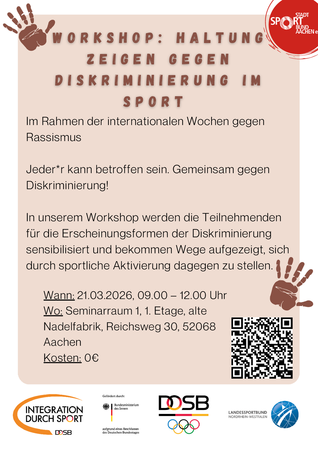 Poster zum Workshop Haltung zeigen gegen Diskirminierung im Sport | (c) Stadtsportbund Aachen e.V.